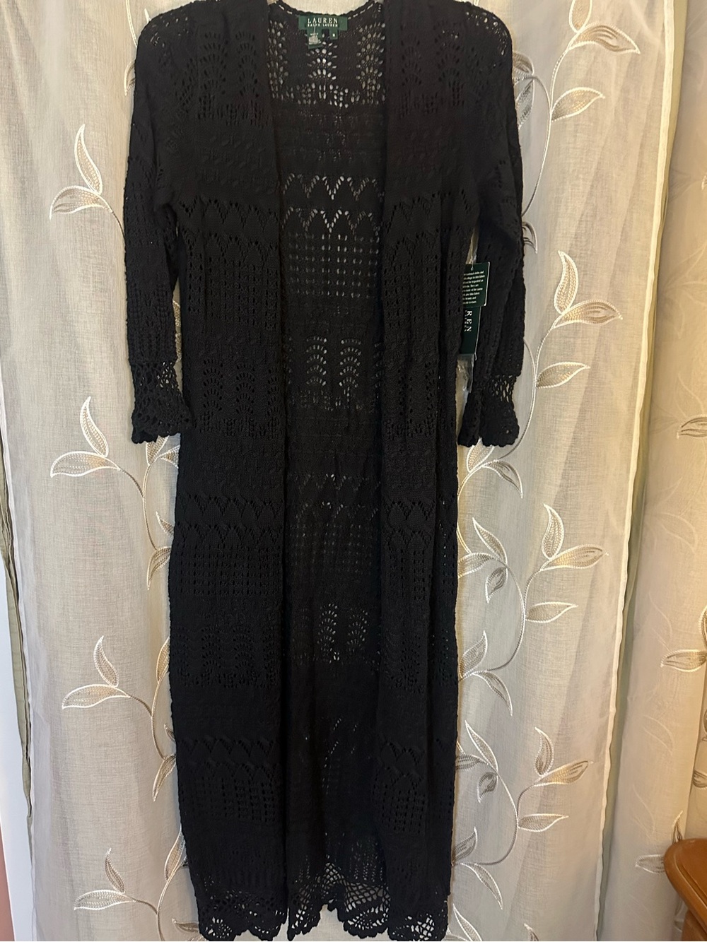 NWT Lauren Ralph Lauren Black Crochet Maxi Duster Cardigan M